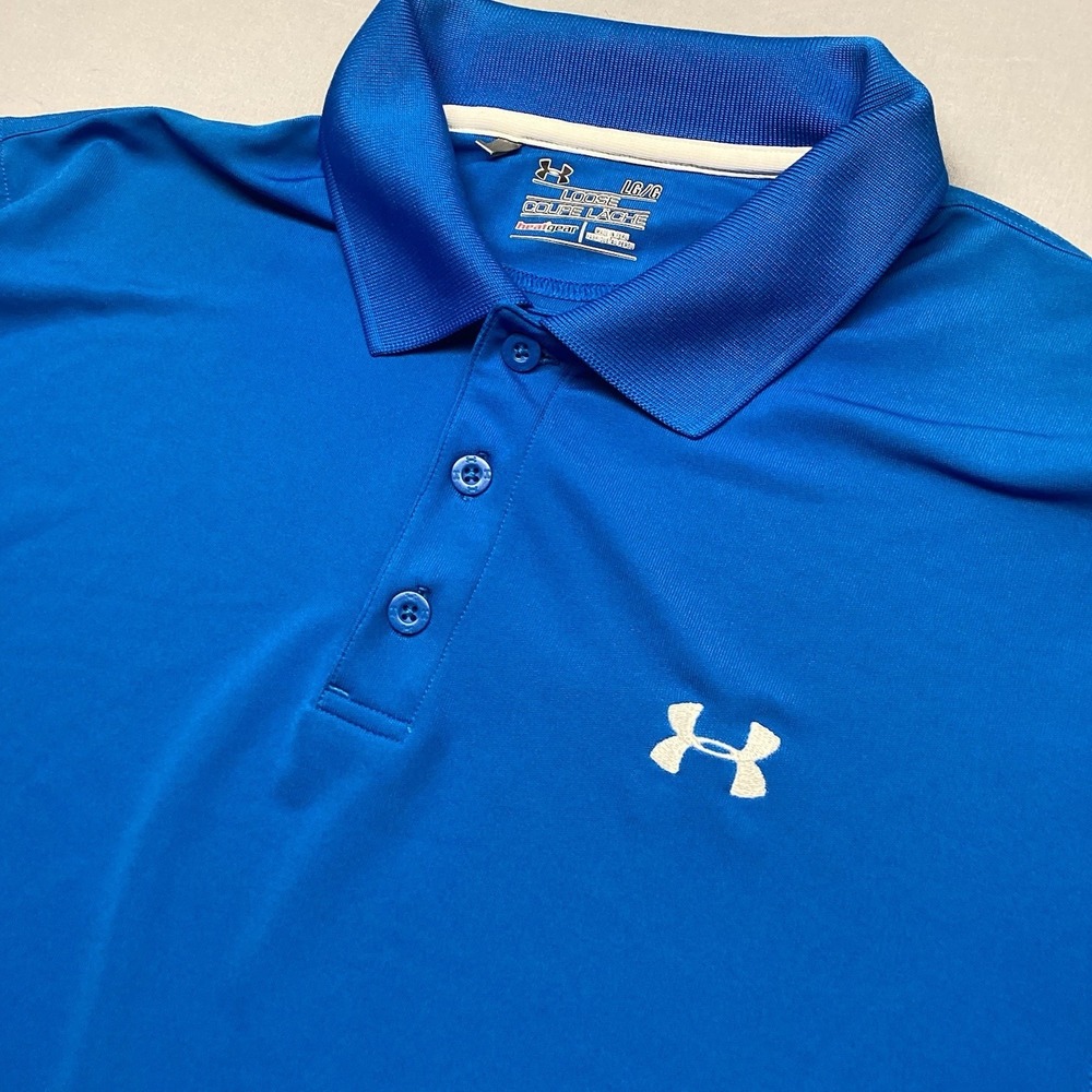 Under Armour Polo Shirt Mens Large L Loose Fit Blue HeatGear Golf Short Sleeve